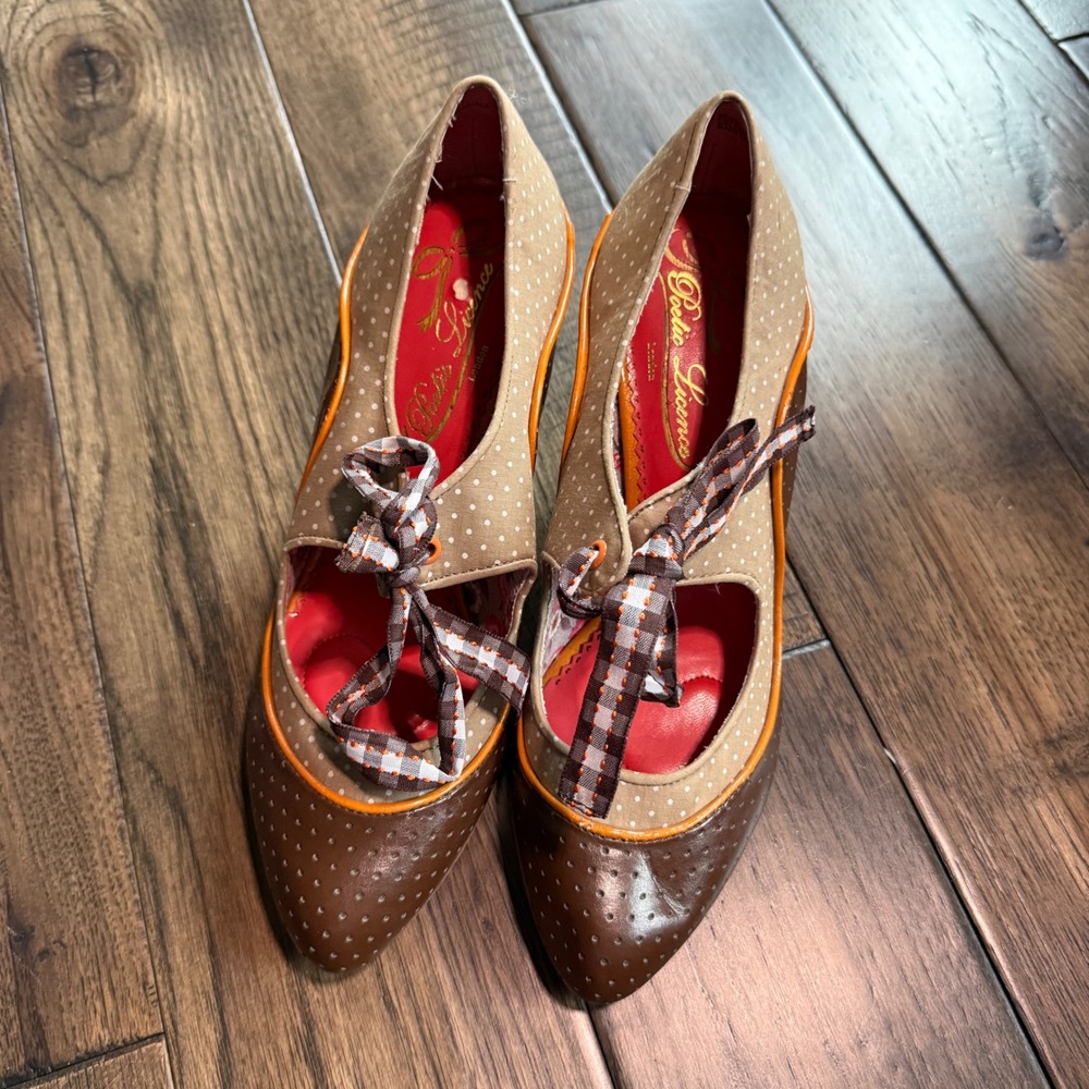 Poetic License London Brown Polka Dot Gingham Lace Up Heels EU 40 Retro Pumps